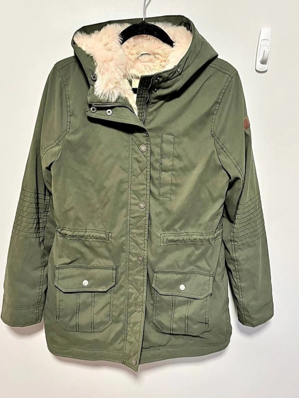 Hollister Jacket Women Green Canvas Babydoll Fleece Lined Pink Faux Fur Hood